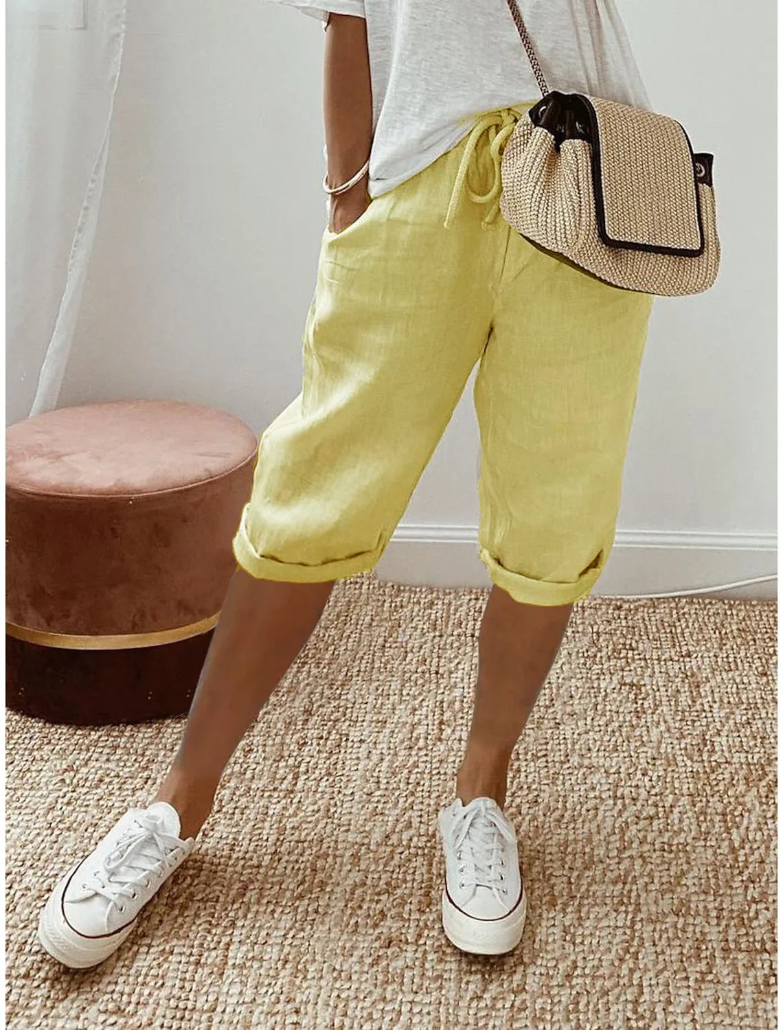 Womens Cotton Linen Knee Length Shorts with Drawstring and Pockets — Fashion Accessories