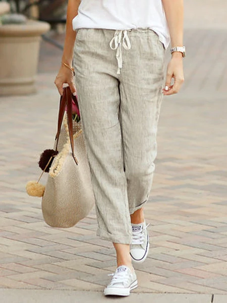 Pantalon large en lin mélangé pour femmes avec cordon de serrage — Accessoires de mode