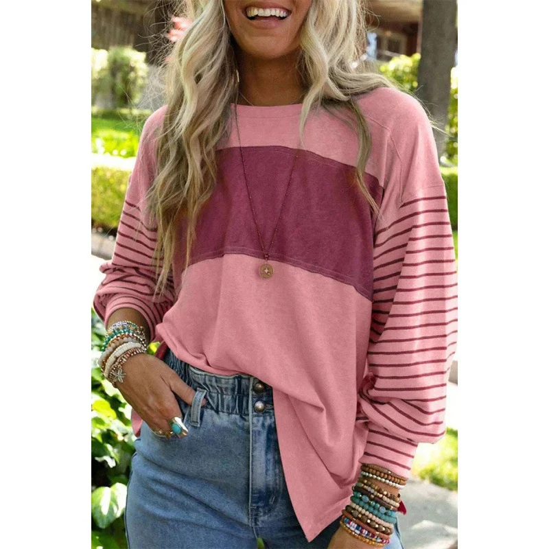 Oversized Long Sleeve Fall Tops 2025 Round Crew Neck Color Block — Fashion Accessories
