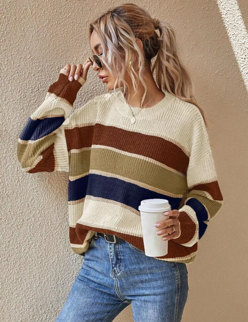 Pull à rayures colorblock à épaule tombante pour femmes par tiktok94 — Chandails pour femmes