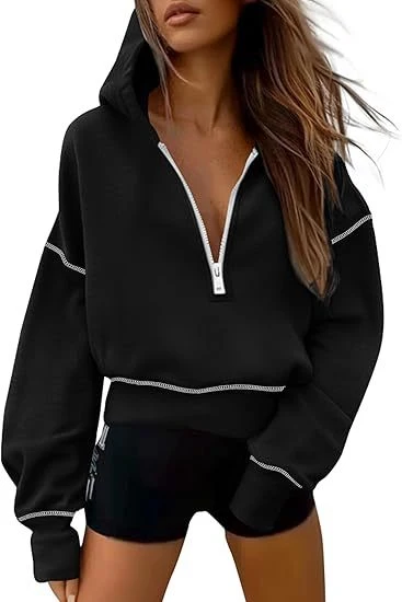 Haut à Capuchon Cropped Femme à Manches Longues avec Fermeture Éclair Dorée