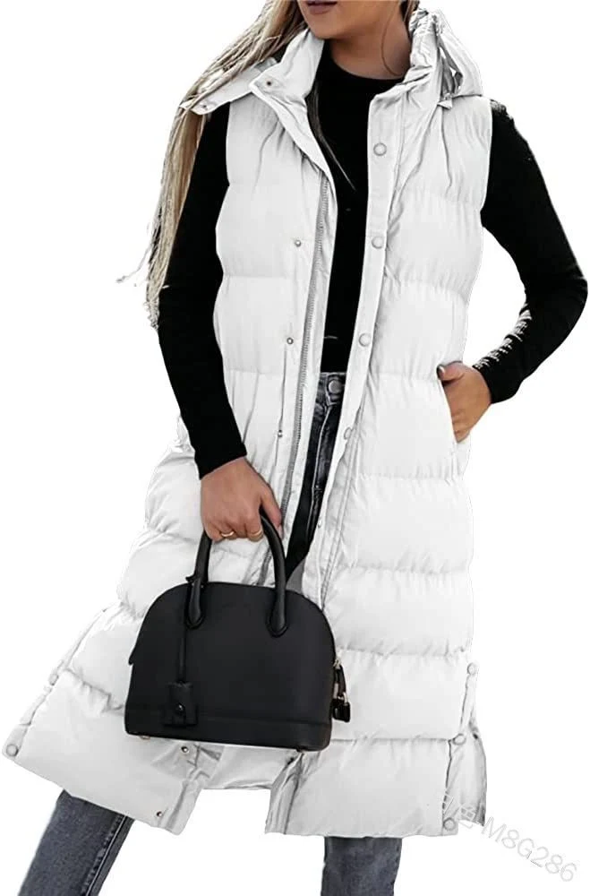 Women's Long Puffer Vest with Quilted Hood and Button Down Closure — Winter Jacket Women