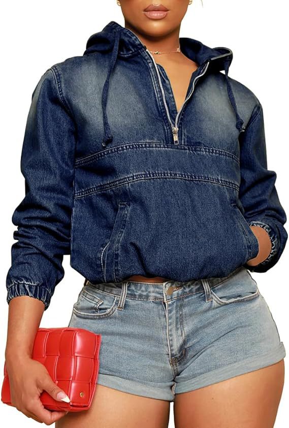 Women’s Half Zip Denim Hoodie Pullover Jacket — Mens Dress Shirts
