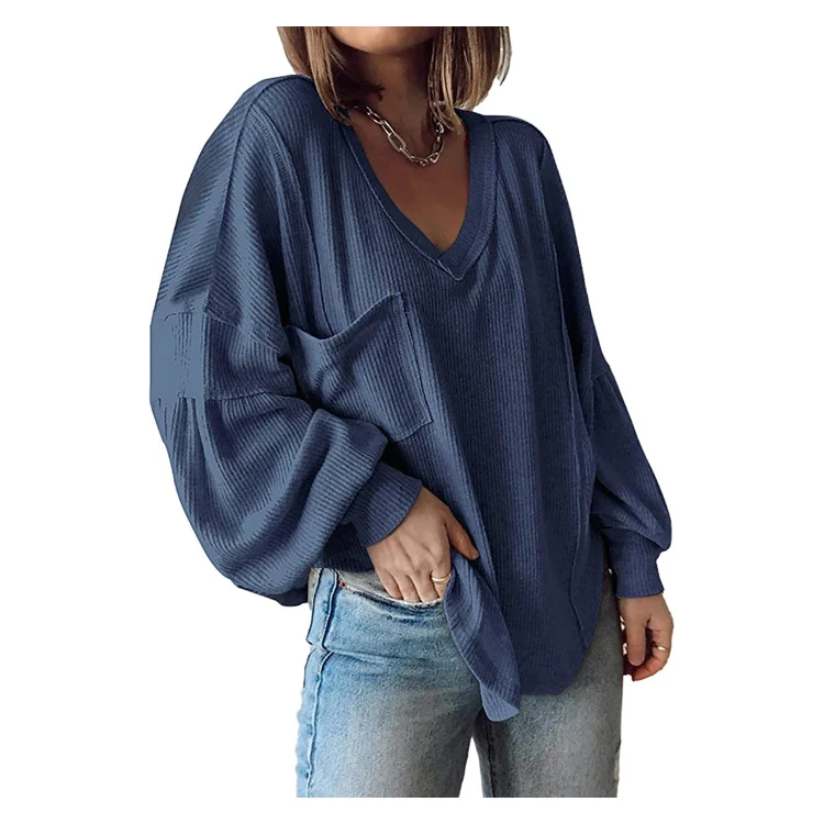 Women's V-Neck Ribbed Knitted Tunic Tops with Balloon Sleeves — Fashion Accessories