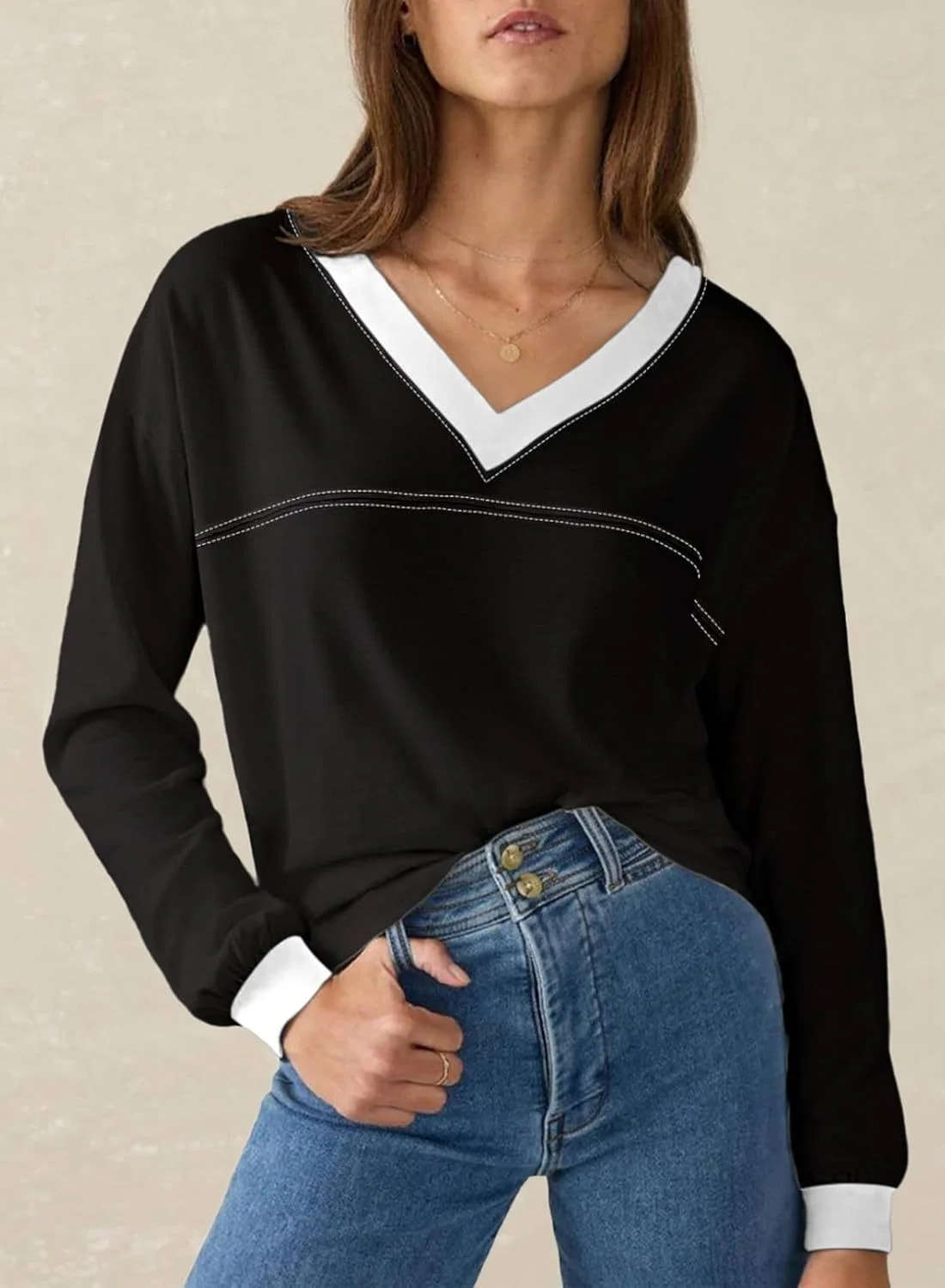 tiktok94 Women's Long Sleeve V Neck Color Block Blouses — Womens Dresses
