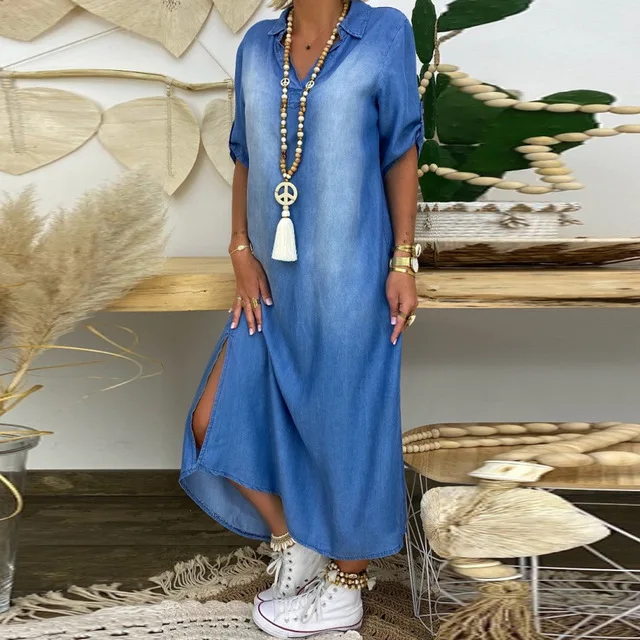 Women's Denim Shirt Long Dress with Pocket by fb904