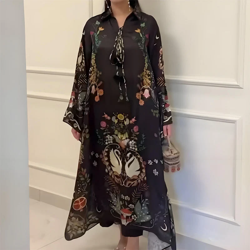 Women’s Printed V-Neck Loose Long-Sleeve Maxi Dress — Womens Dresses