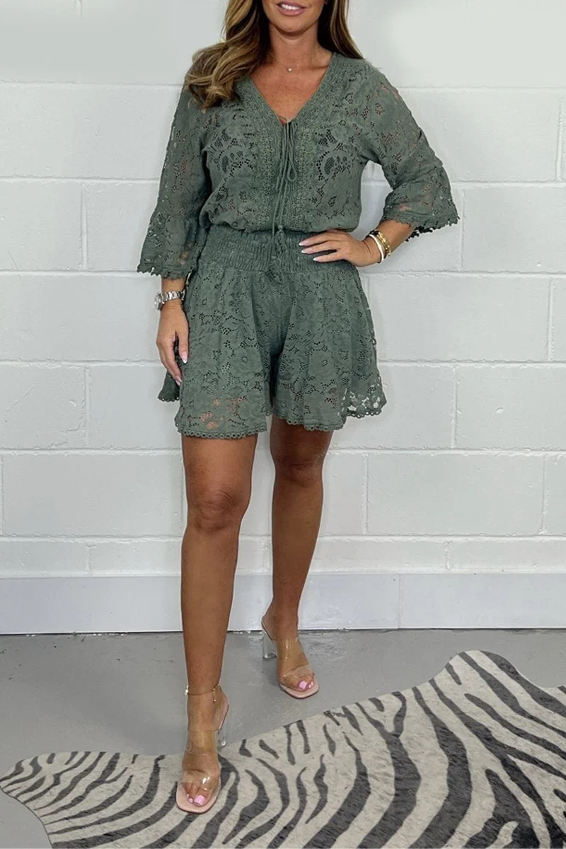 Women's 2025 Eyelet Lace Midi Dress with V Neck and Puff Sleeves