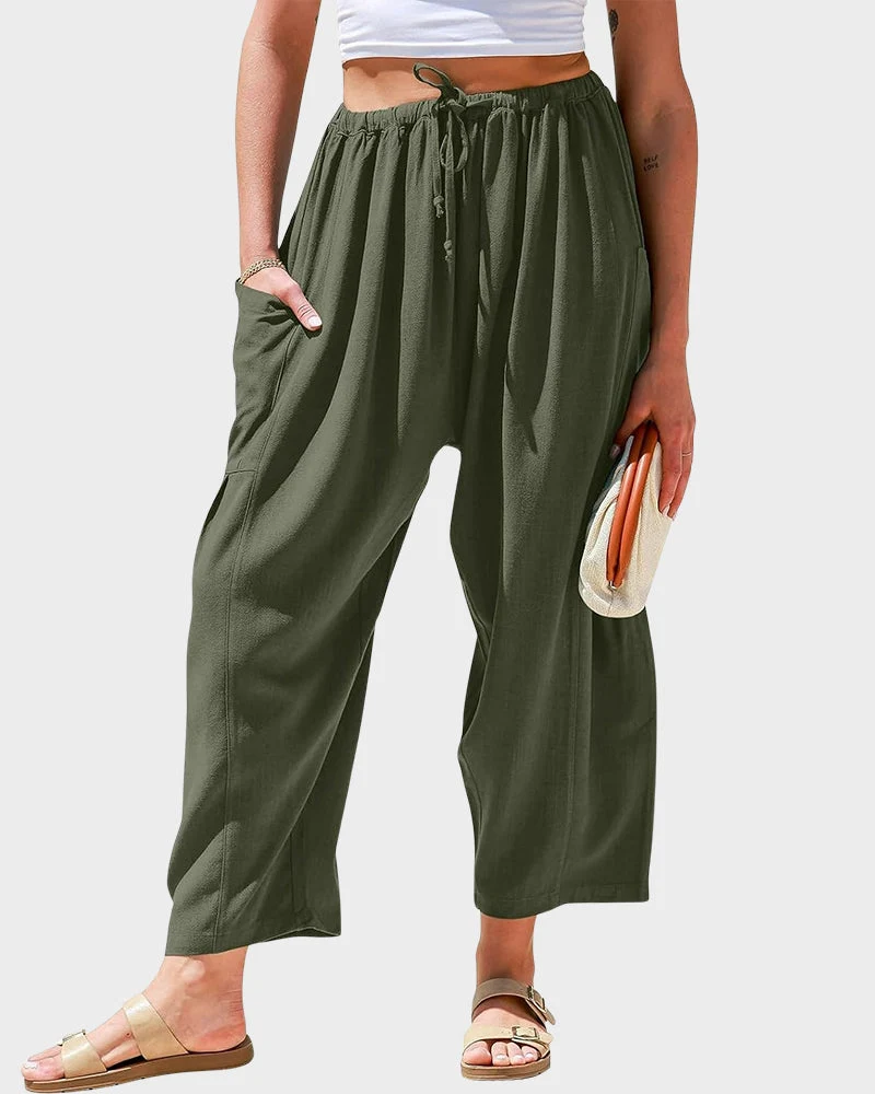 Pantalons larges en lin pour femmes, coupe décontractée avec poches
