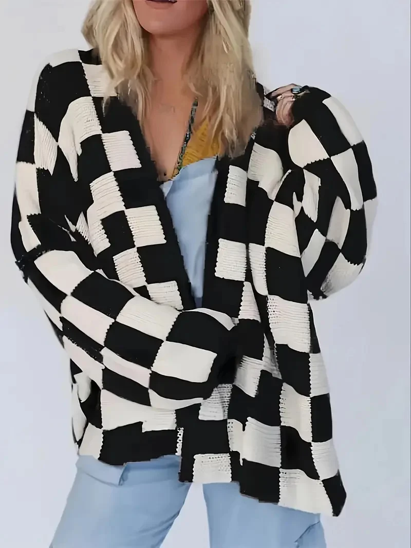 Plus Size Plaid Print Drop Shoulder Cardigan for Fall & Winter