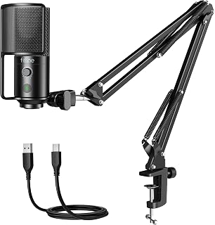 FIFINE USB Podcast Microphone with Boom Arm Stand and Mute Button