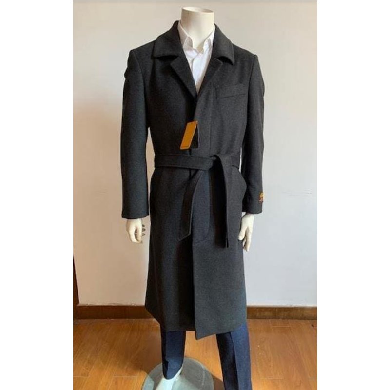Full Length Wool Belted Overcoat in Black — Leather Belt