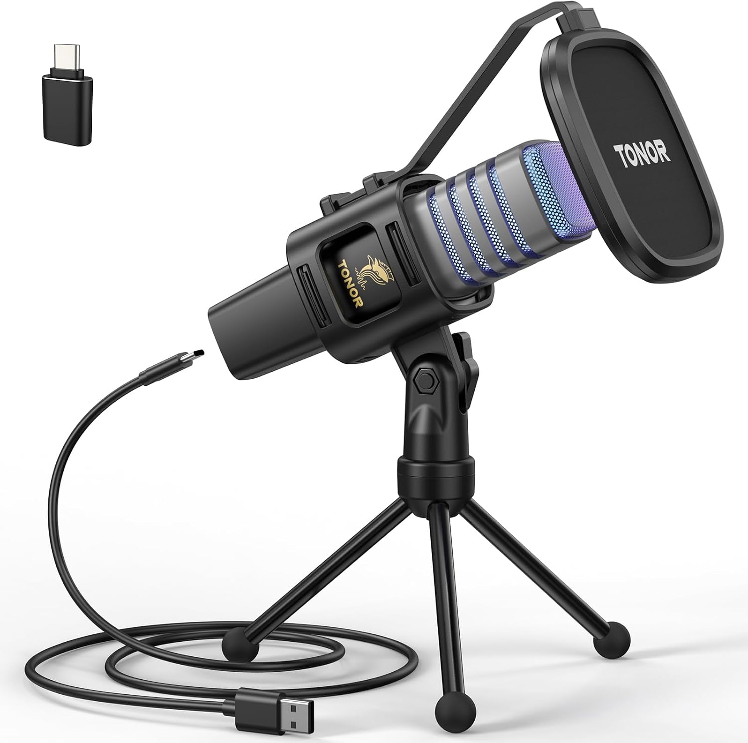 Microphone USB RGB TONOR, Microphone à condensateur cardioïde avec support — Micro USB
