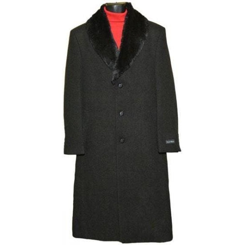 Manteau en Laine Noir Moscou avec Col en Fourrure et 3 Boutons — Veste d'hiver Hommes