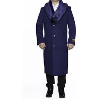 Moscow Manteau Long Homme Indigo Bleu avec Col en Fourrure Amovible