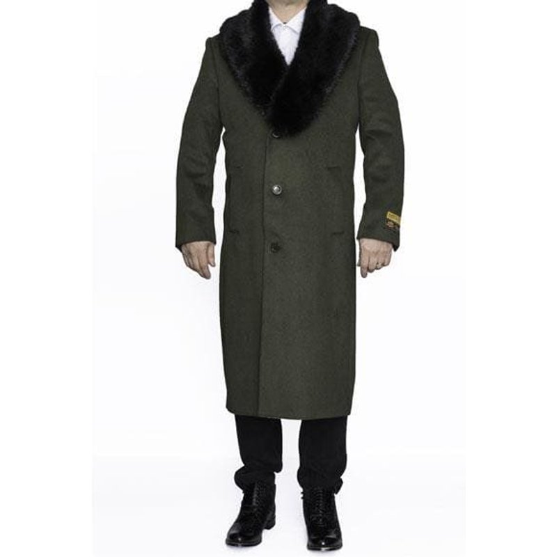 Moscow Men's Full Length Removable Fur Collar Olive Green Overcoat — Winter Jacket Men