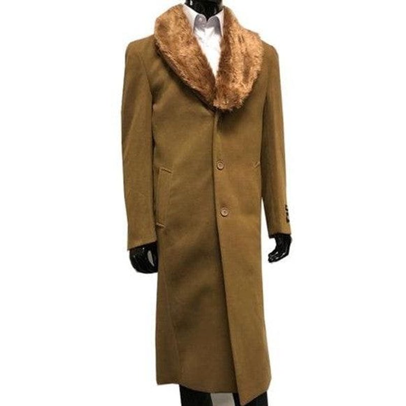 Manteau d'hiver pour hommes en laine et cachemire avec col en fourrure 48 pouces Camel — Veste d'hiver Hommes