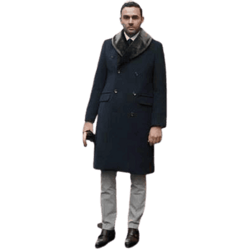 Manteau en Laine à Double Boutonnage avec Col en Fourrure Noire — Veste d'hiver Hommes