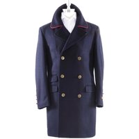 Manteau en Laine à Double Boutonnage - Bleu avec Lignes Rouges