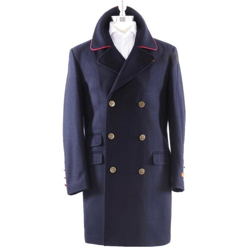 Manteau en Laine à Double Boutonnage - Bleu avec Lignes Rouges — Veste d'hiver Hommes