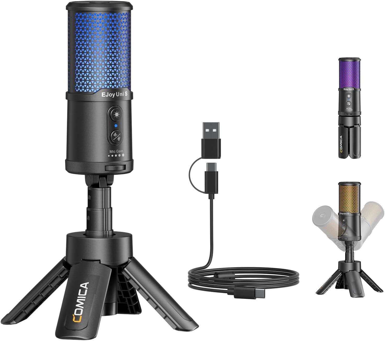 Microphone à condensateur USB COMICA EJoy Uni S avec fonction muet et contrôle de gain — Micro USB