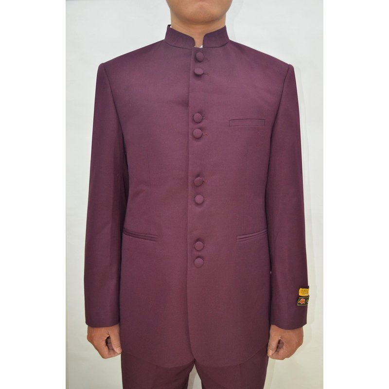 Mens Dark Red Suit with Mandarin Collar and Modern Fit