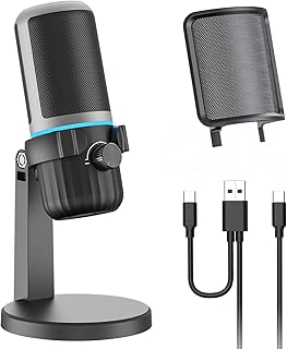 USB Gaming Microphone for PC with LED Mute Button and Volume Control
