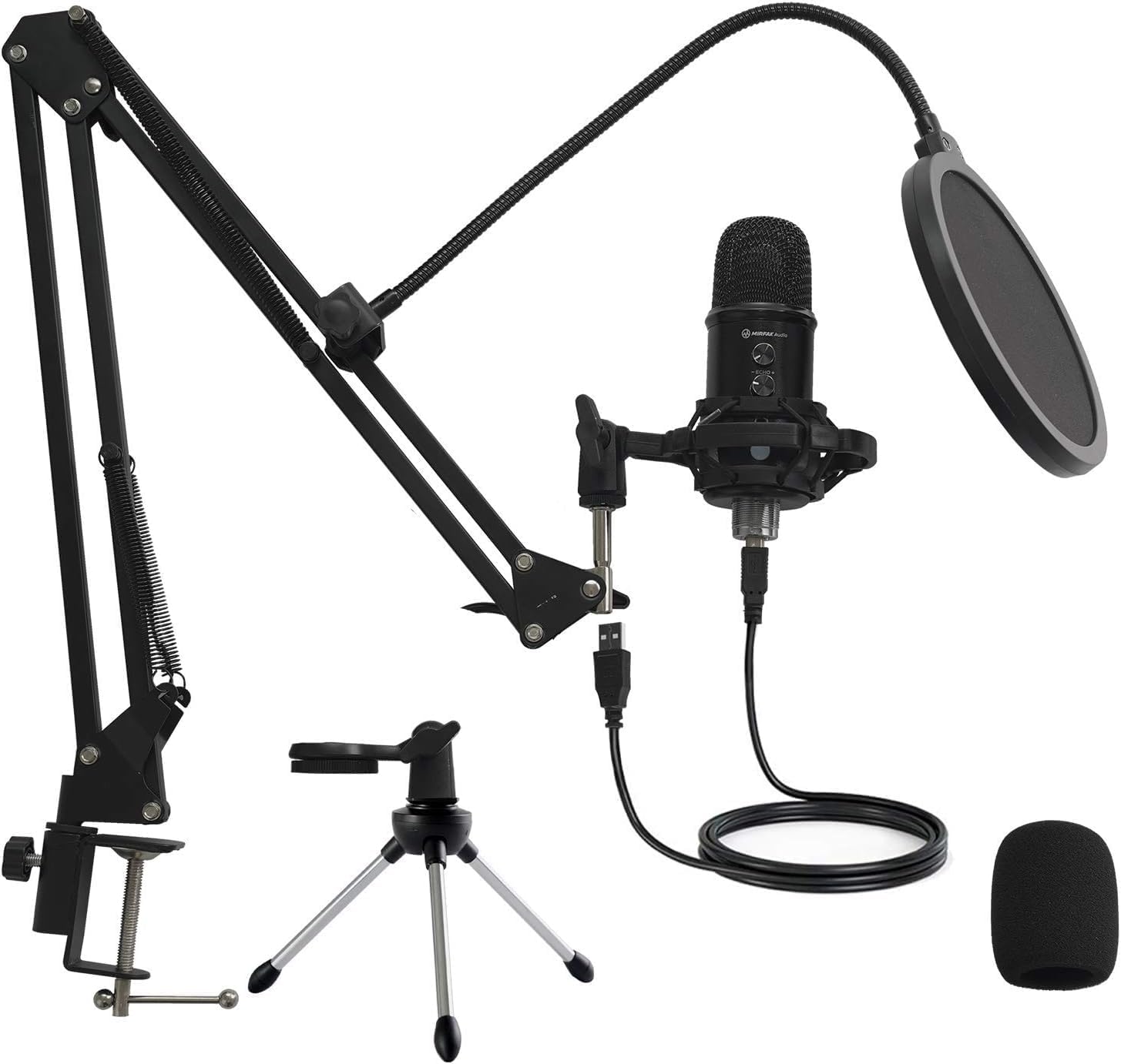 Kit de microphone à condensateur USB Mirfak TU1 avec bras réglable et filtre anti-pop — Micro USB