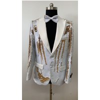Silver and Brown Tuxedo Jacket with Satin Peak Lapel — Mens Suits & Blazers