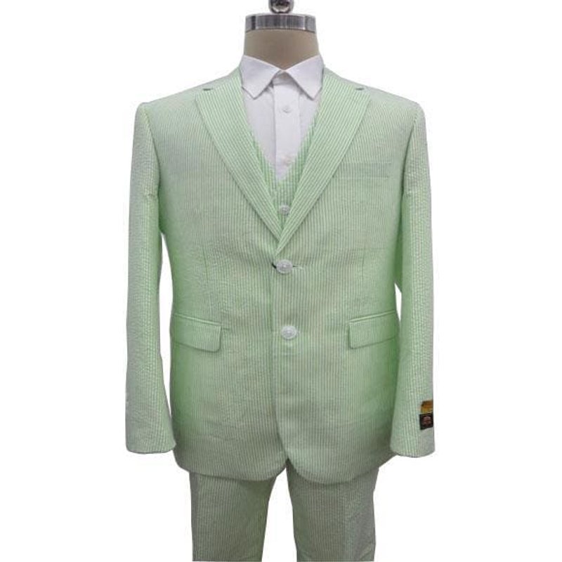 Costume pour homme en seersucker vert avec revers en notch — Costumes et vestons pour hommes