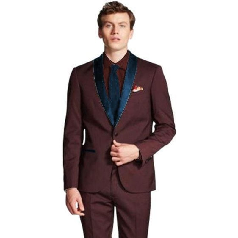 Men's Shawl Lapel Burgundy and Navy Suit Tuxedo — Mens Suits & Blazers