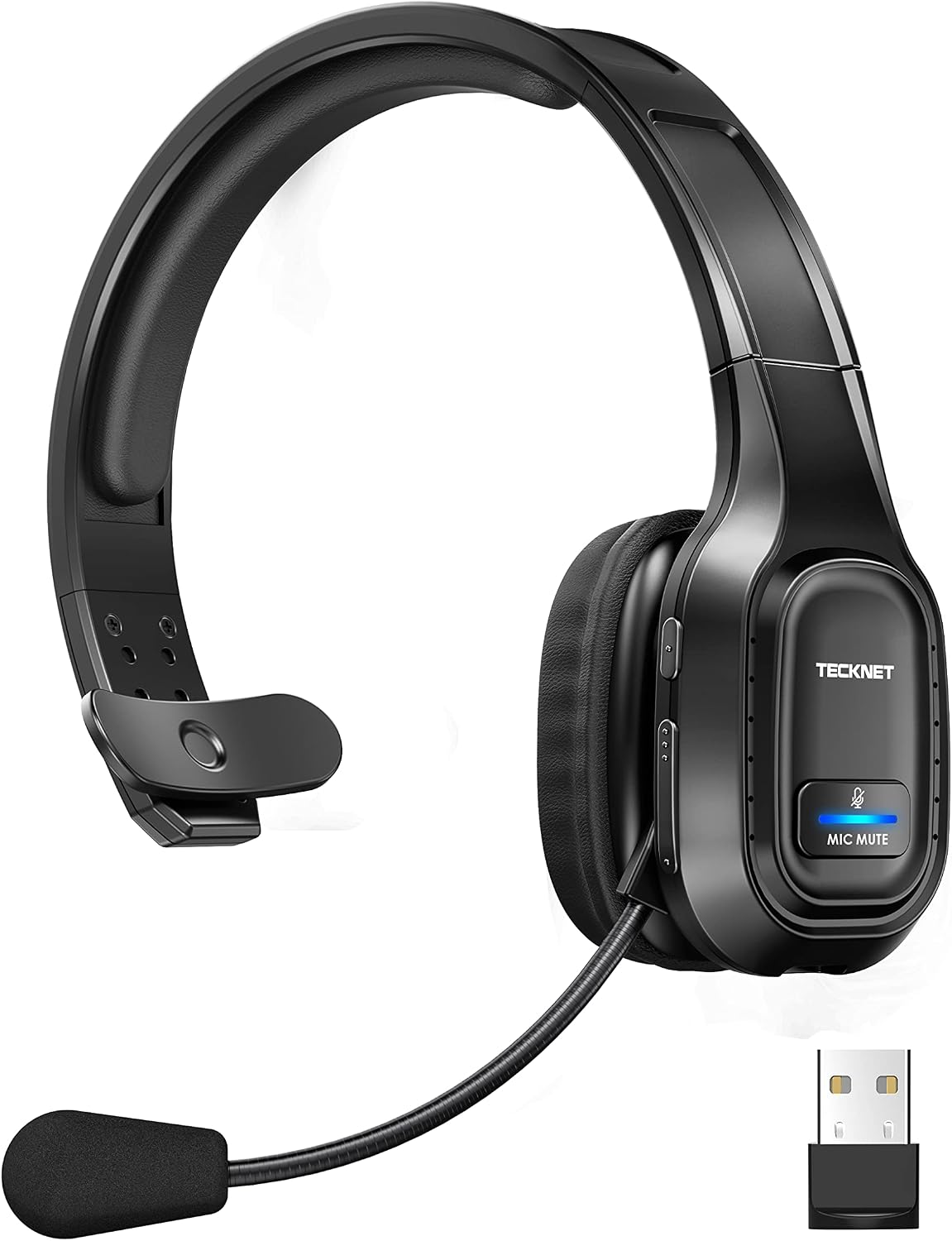 TECKNET Wireless Headset with Microphone, Single-Ear Bluetooth — Noise Cancelling Headphones