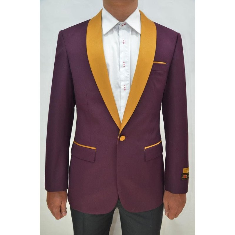 Men's One Button Burgundy Dinner Jacket with Gold Lapel