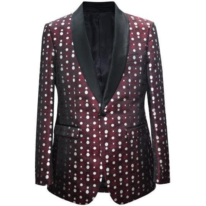 Mens Polka Dot Shawl Dinner Jacket in Burgundy