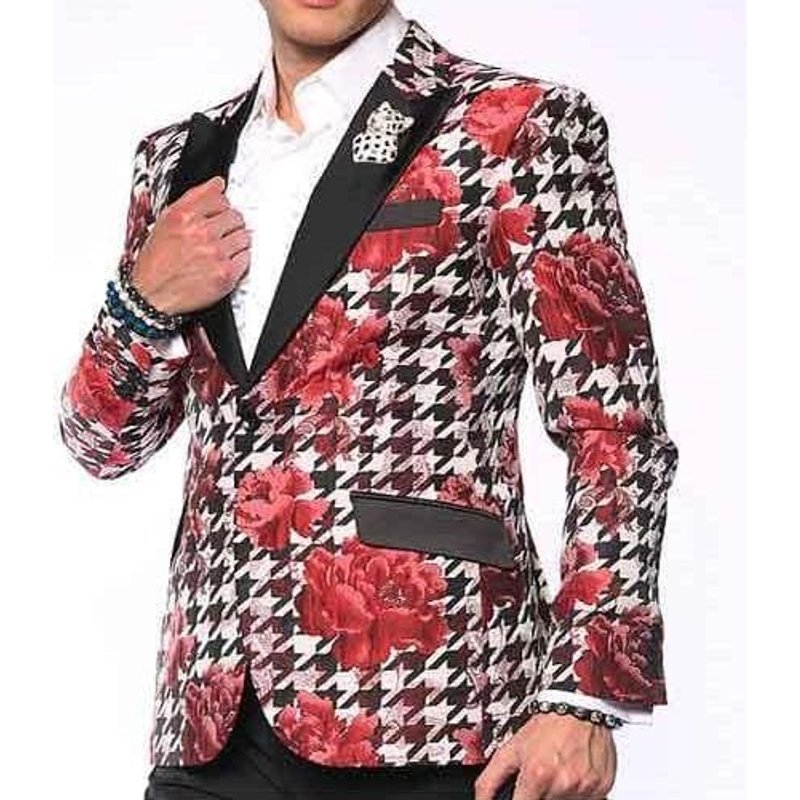 Men's Red Polka Dot Blazer with Black Peak Lapel