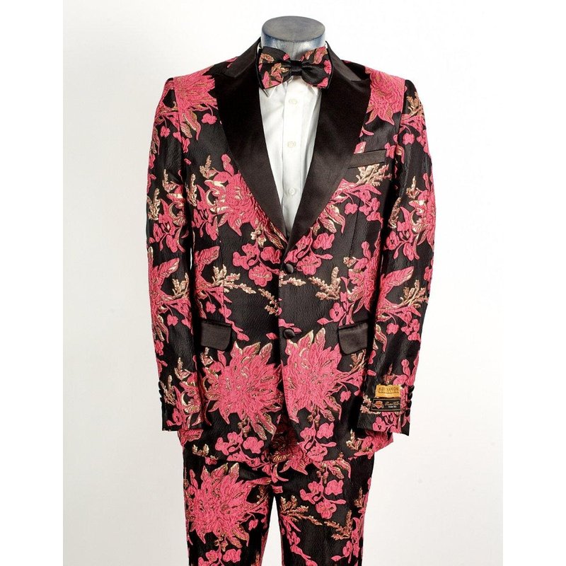 Tuxedo pour hommes à 2 boutons fuchsia et noir à motifs floraux — Costumes et vestons pour hommes