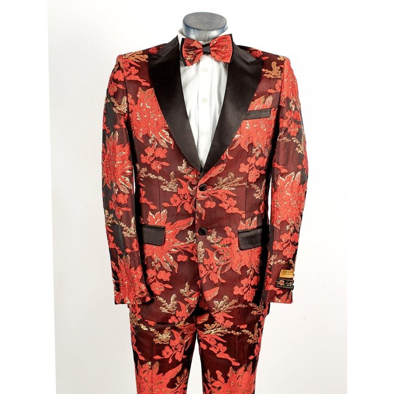 Tuxedo Floral Paisley Rouge et Or à 2 Boutons pour Hommes — Costumes et vestons pour hommes