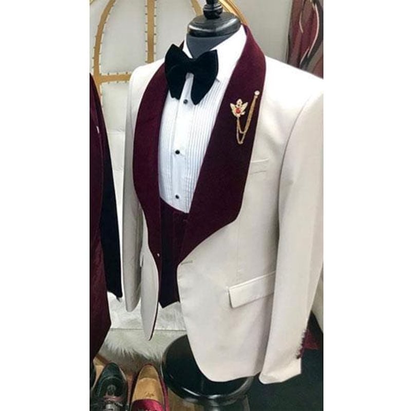 White and Burgundy Floral Pattern Tuxedo - 1 Button — Mens Suits & Blazers