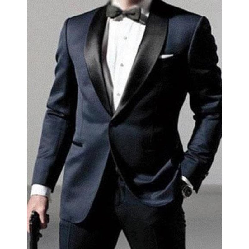 Daniel Craig Navy Blue Tuxedo with Satin Shawl Lapel — Mens Suits & Blazers