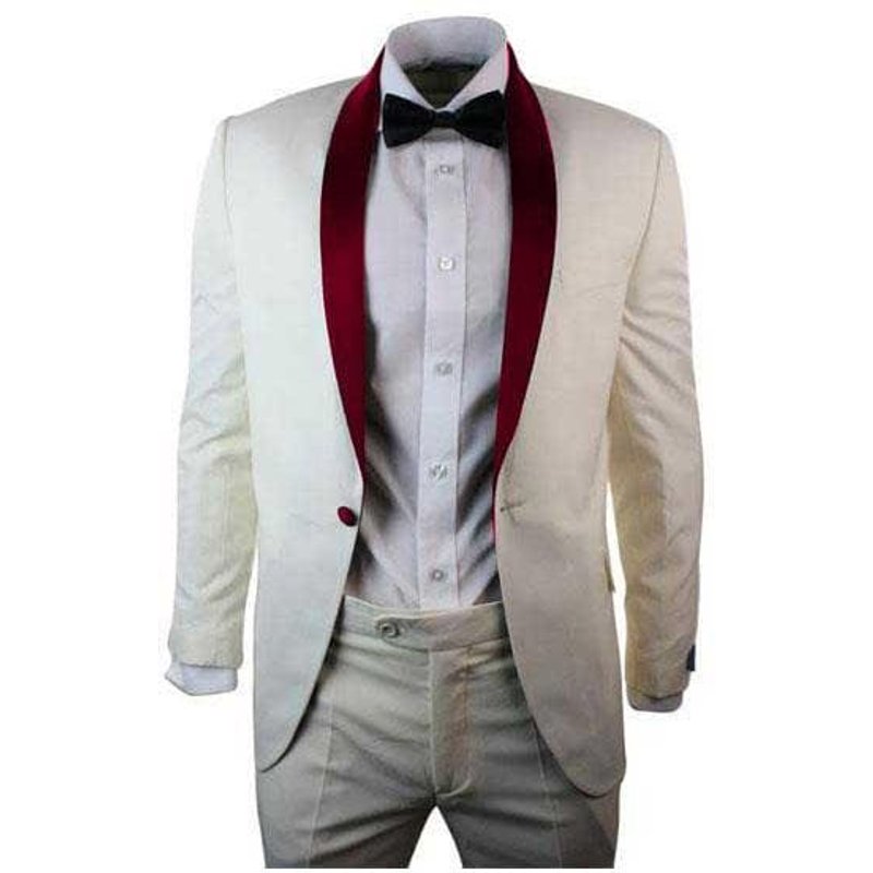 Ivory and Burgundy Tuxedo - Side Vented - Linen Fabric — Mens Suits & Blazers