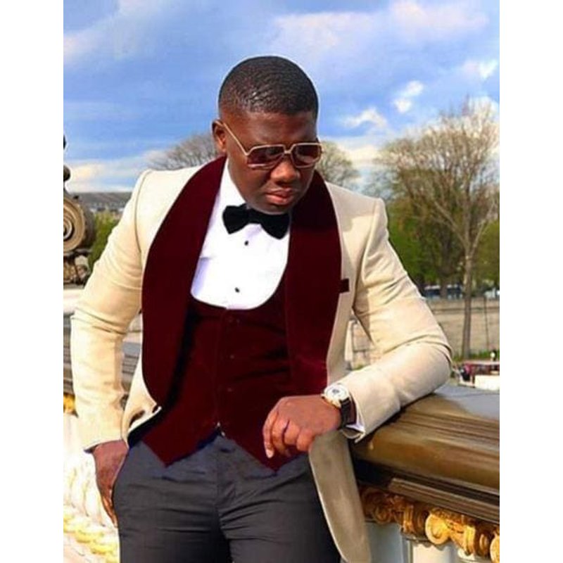Ivory and Burgundy Tuxedo - Side Vented 2 Button Suit — Mens Suits & Blazers