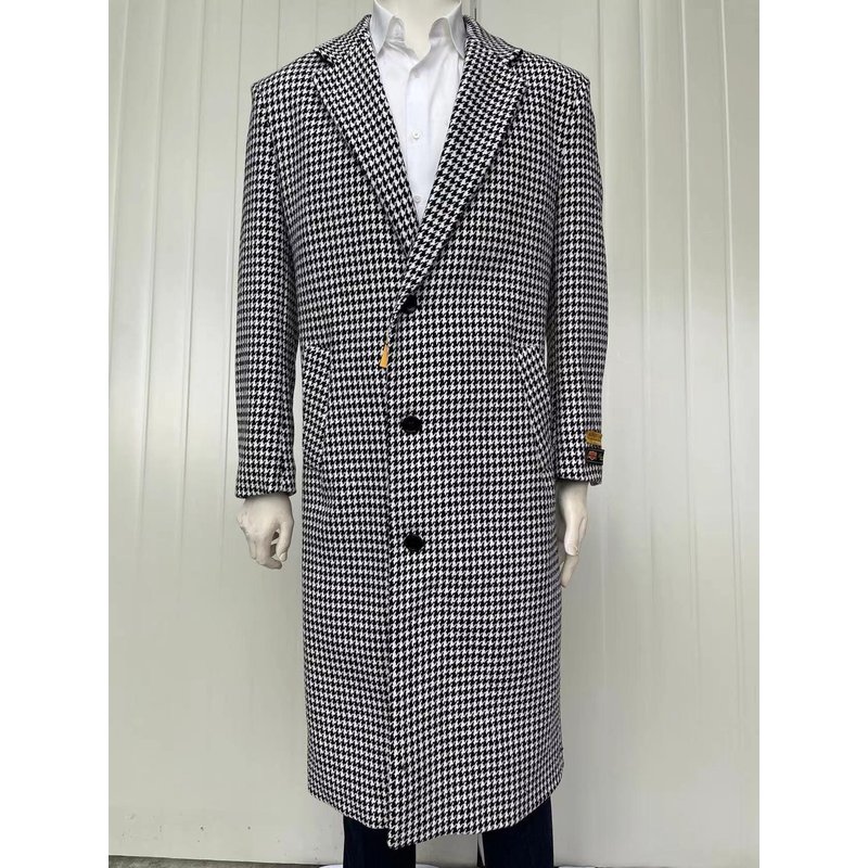 Men's Full Length Wool and Cashmere Overcoat - Black and White — Winter Jacket Men