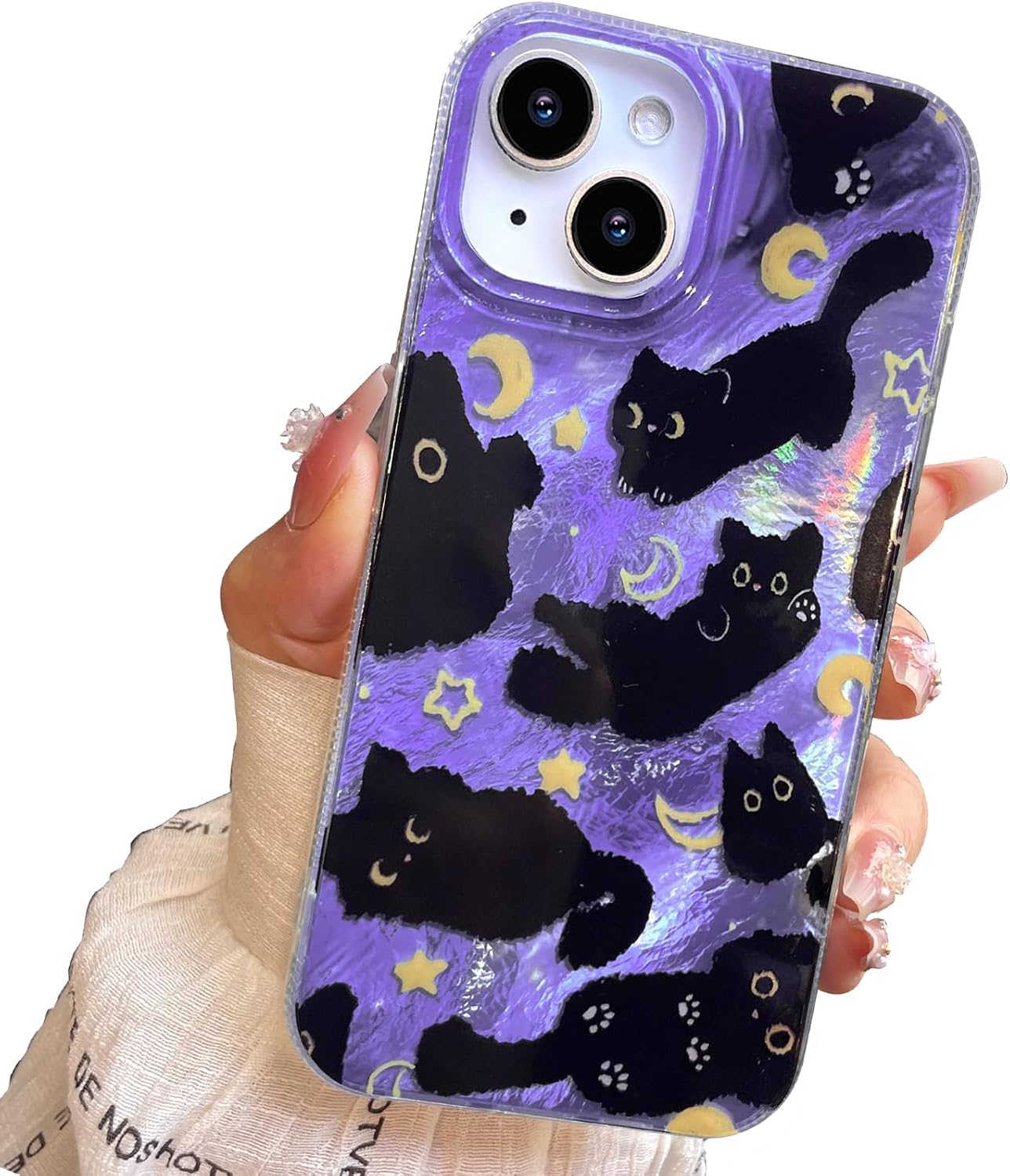Coque Shiny Black Cat-Purple pour iPhone 13 et 14 — Coque de téléphone