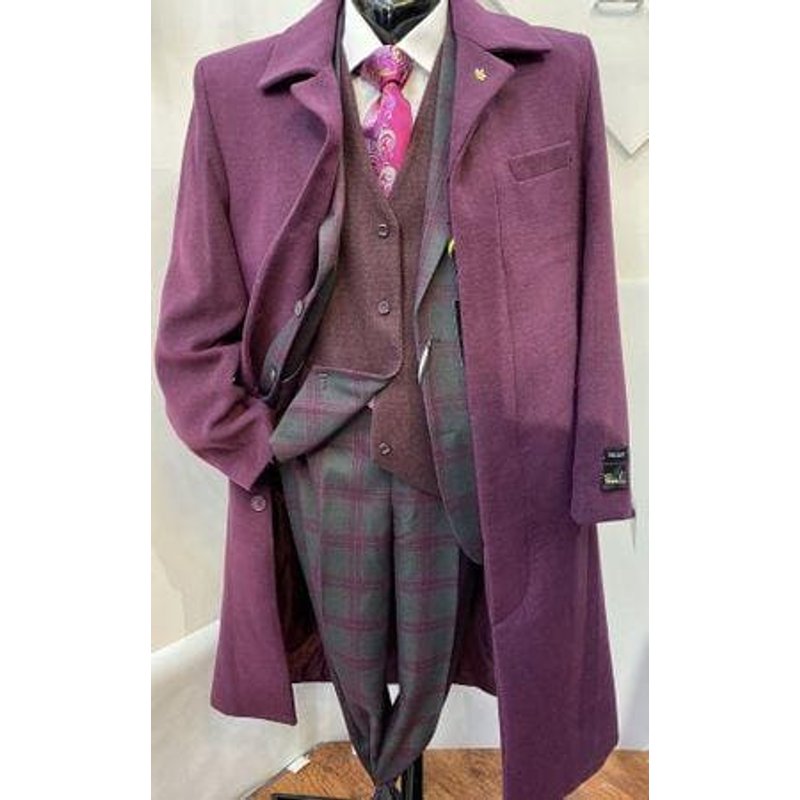 Falcone Men's Burgundy Wool Topcoat — Leather Belt