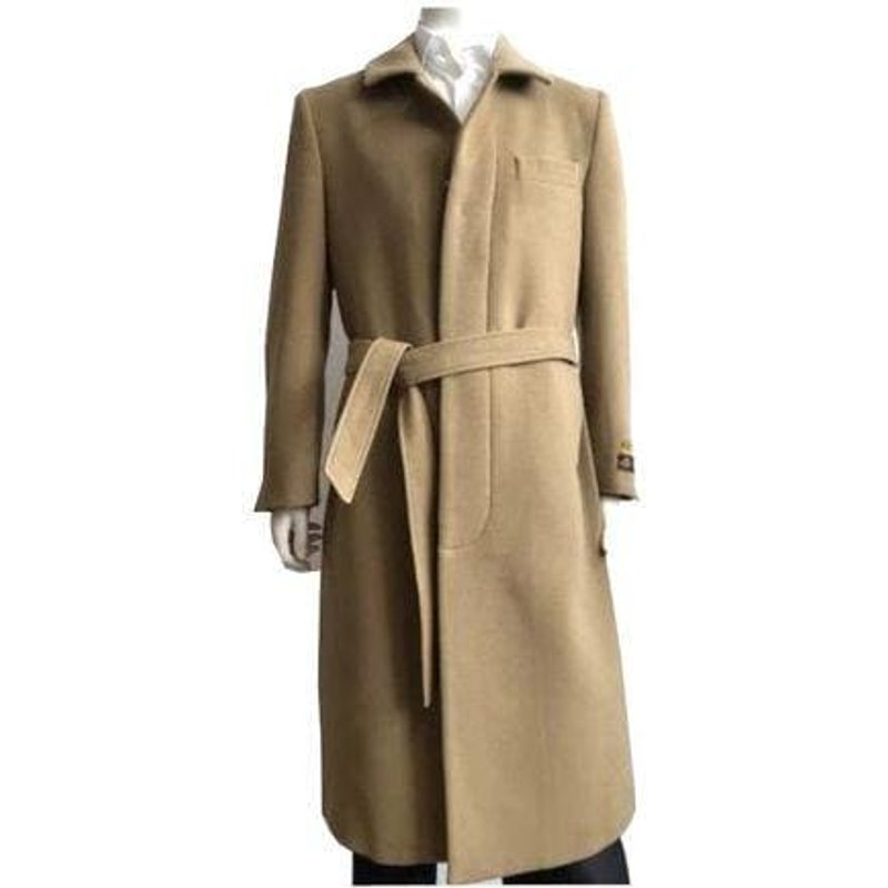 Manteau Long en Laine Beige Ceinturé pour Homme AlbertoNardoniStore — Ceinture en cuir