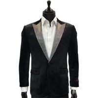 Blazer Tuxedo en Velours Noir avec Revers en Diamant Argenté