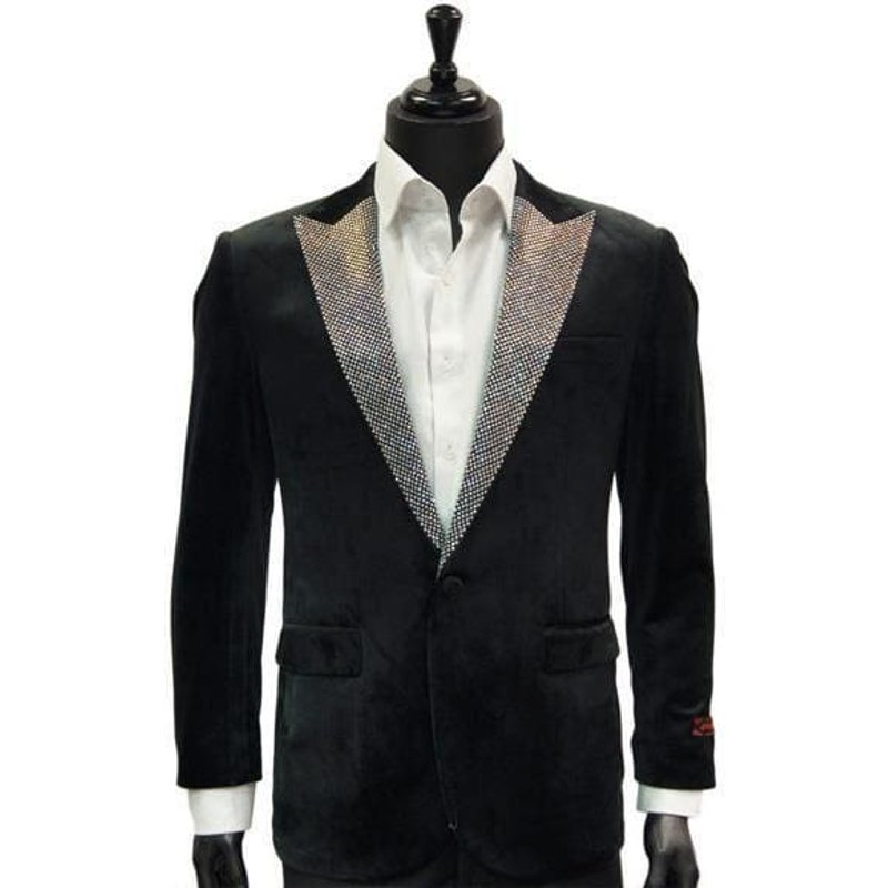 Blazer Tuxedo en Velours Noir avec Revers en Diamant Argenté — Costumes et vestons pour hommes