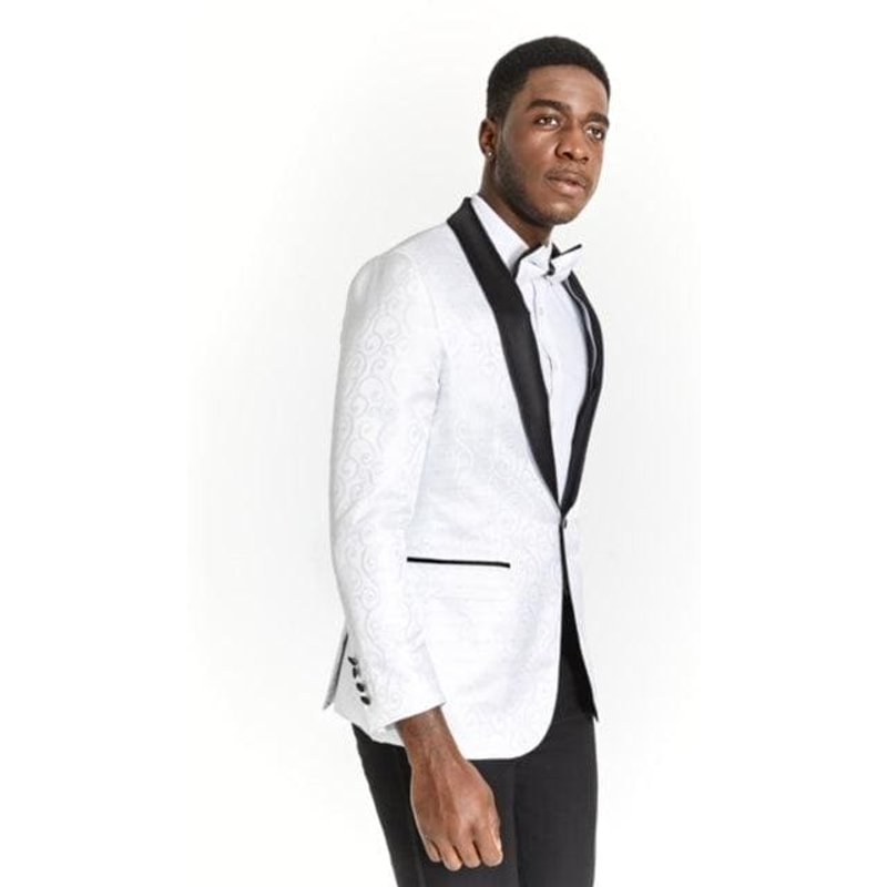 Tuxedo Blanc et Argent avec Nœud Papillon et Pantalons Blancs — Costumes et vestons pour hommes