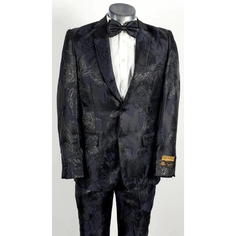 Tuxedo Floral Noir avec Pantalons Plat — Costumes et vestons pour hommes