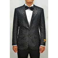 Tuxedo Floral Noir avec Revers Châle et Fermeture à 2 Boutons